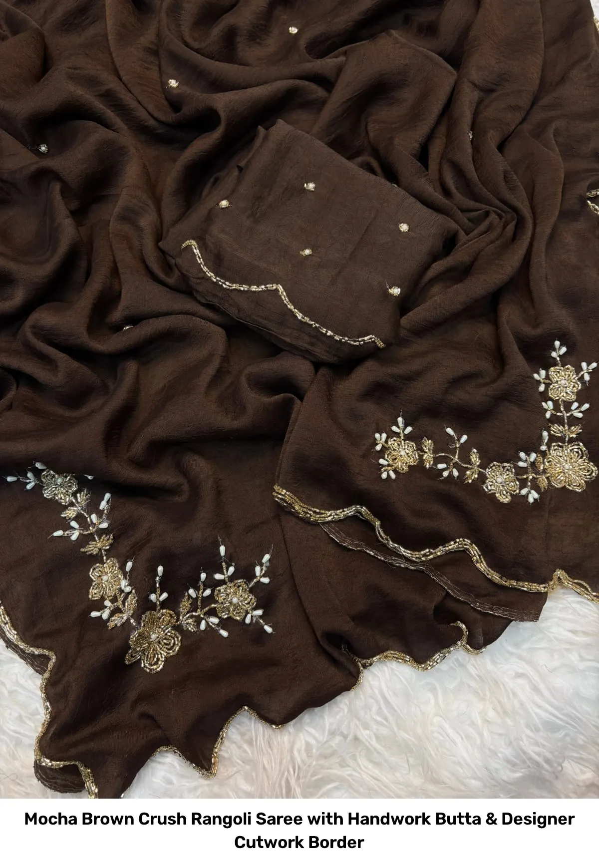 Mocha Brown Crush Rangoli Saree with Handwork Butta & Designer Cutwork Border 3