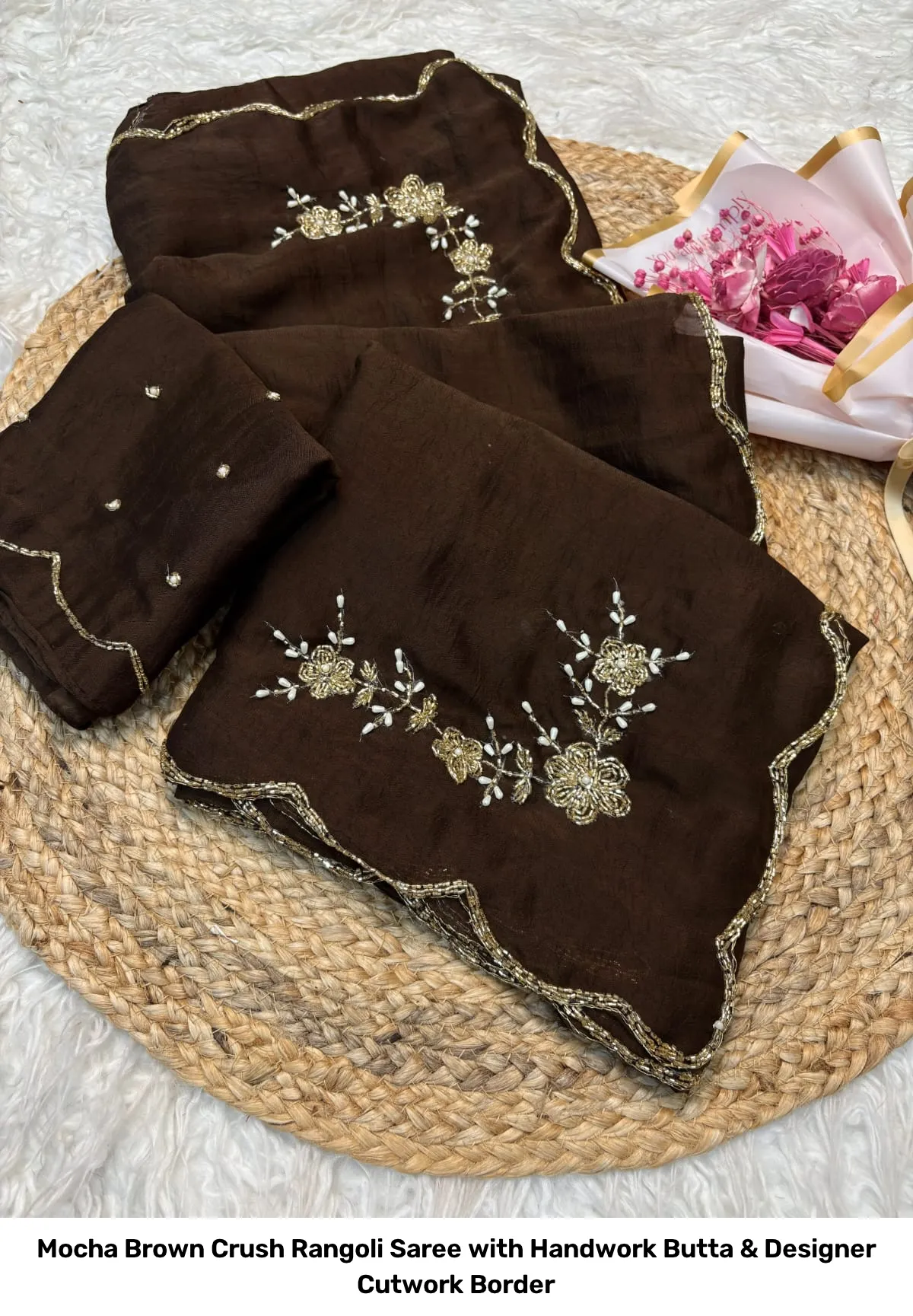 Mocha Brown Crush Rangoli Saree with Handwork Butta & Designer Cutwork Border 4