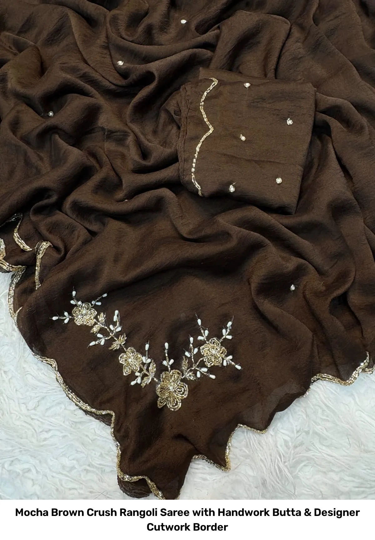 Mocha Brown Crush Rangoli Saree with Handwork Butta & Designer Cutwork Border 5