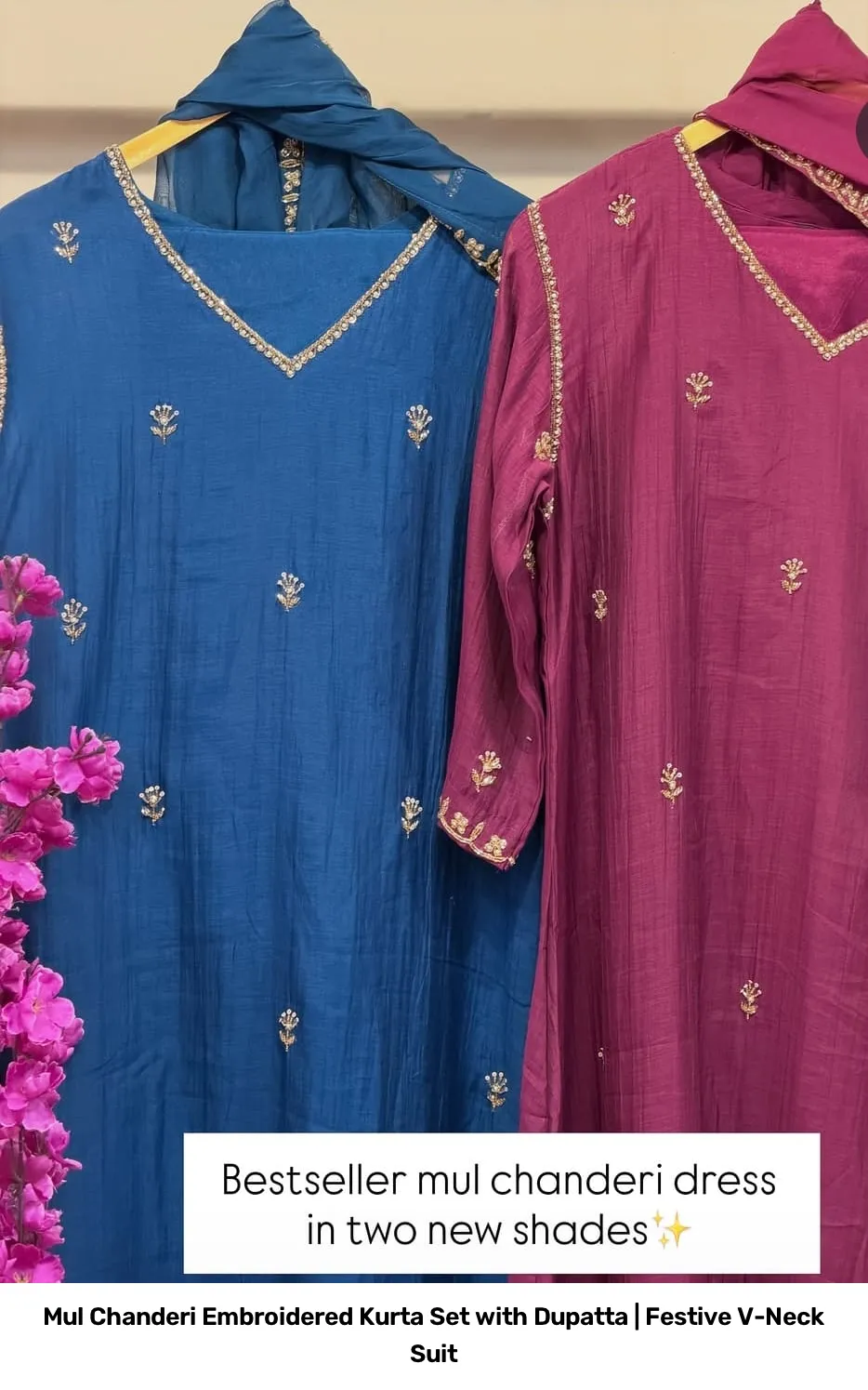 Mul Chanderi Embroidered Kurta Set with Dupatta | Festive V-Neck Suit 2