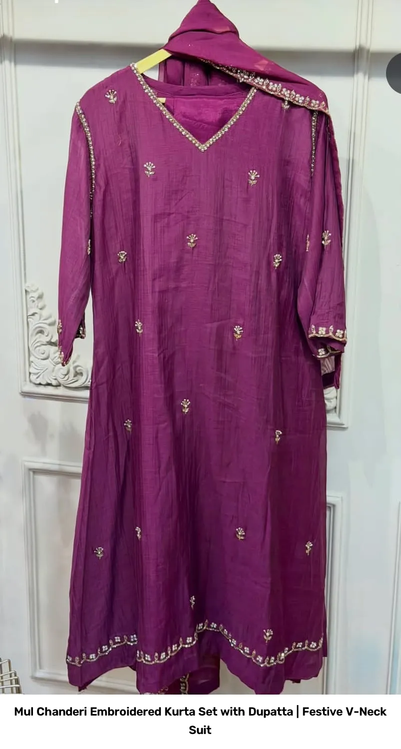 Mul Chanderi Embroidered Kurta Set with Dupatta | Festive V-Neck Suit 3