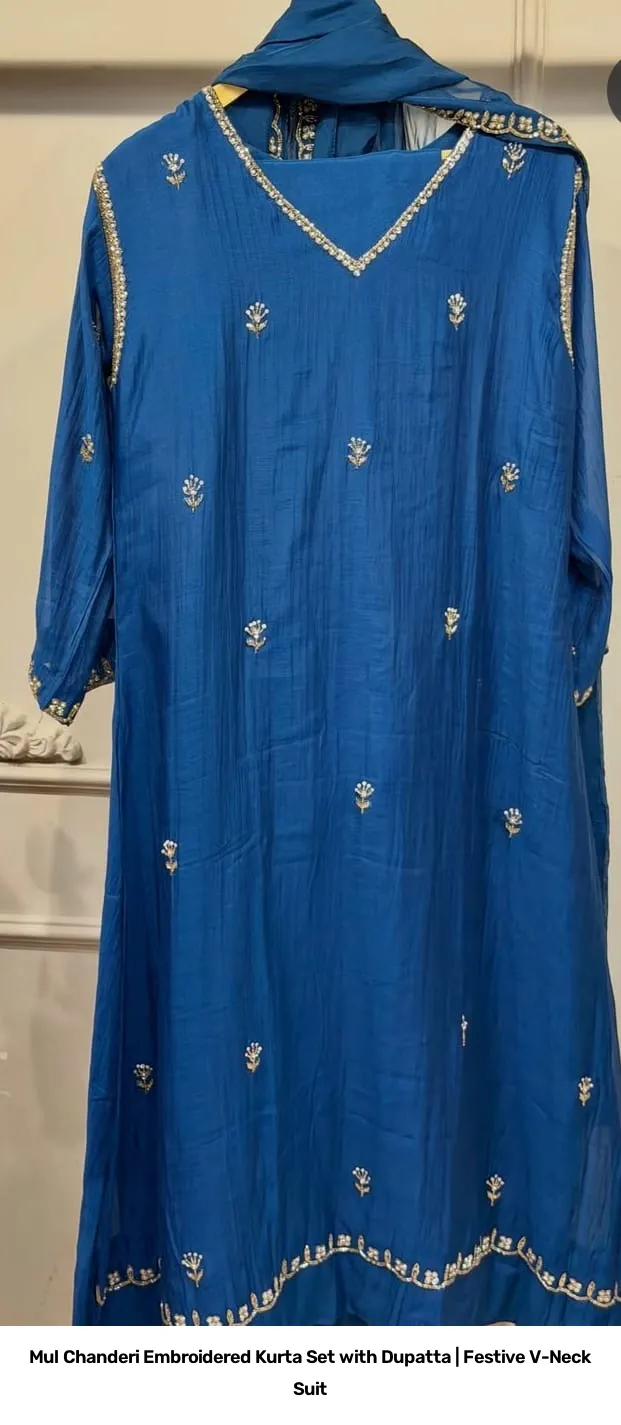 Mul Chanderi Embroidered Kurta Set with Dupatta | Festive V-Neck Suit 4