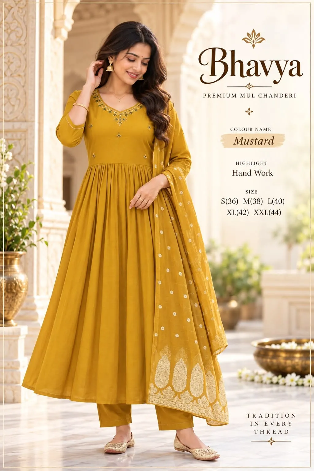 Mul Chanderi Hand Embroidered Anarkali Kurta Set with Chanderi Jacquard Dupatta – 3-Piece Festive Ethnic Suit