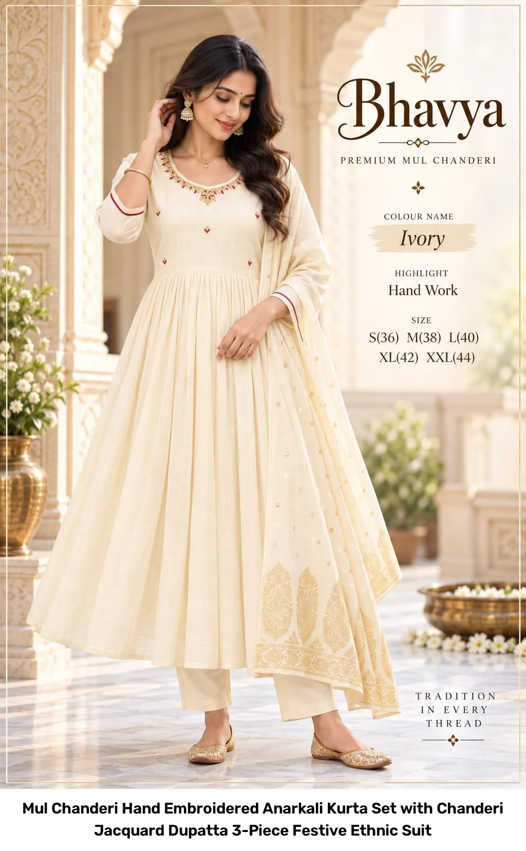 Mul Chanderi Hand Embroidered Anarkali Kurta Set with Chanderi Jacquard Dupatta – 3-Piece Festive Ethnic Suit 3