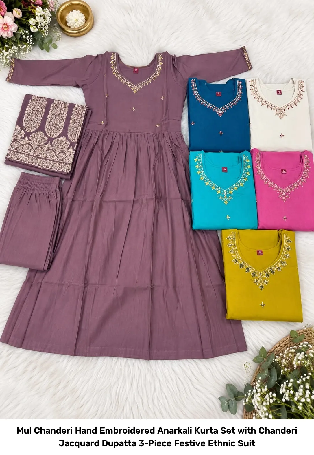 Mul Chanderi Hand Embroidered Anarkali Kurta Set with Chanderi Jacquard Dupatta – 3-Piece Festive Ethnic Suit 7