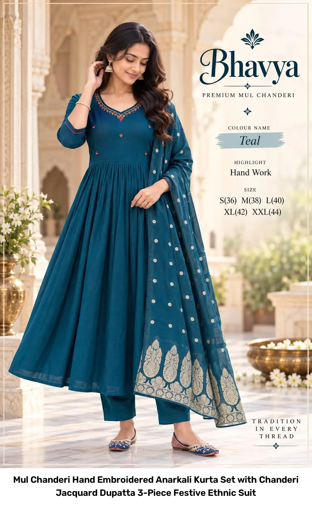 Mul Chanderi Hand Embroidered Anarkali Kurta Set with Chanderi Jacquard Dupatta – 3-Piece Festive Ethnic Suit 8