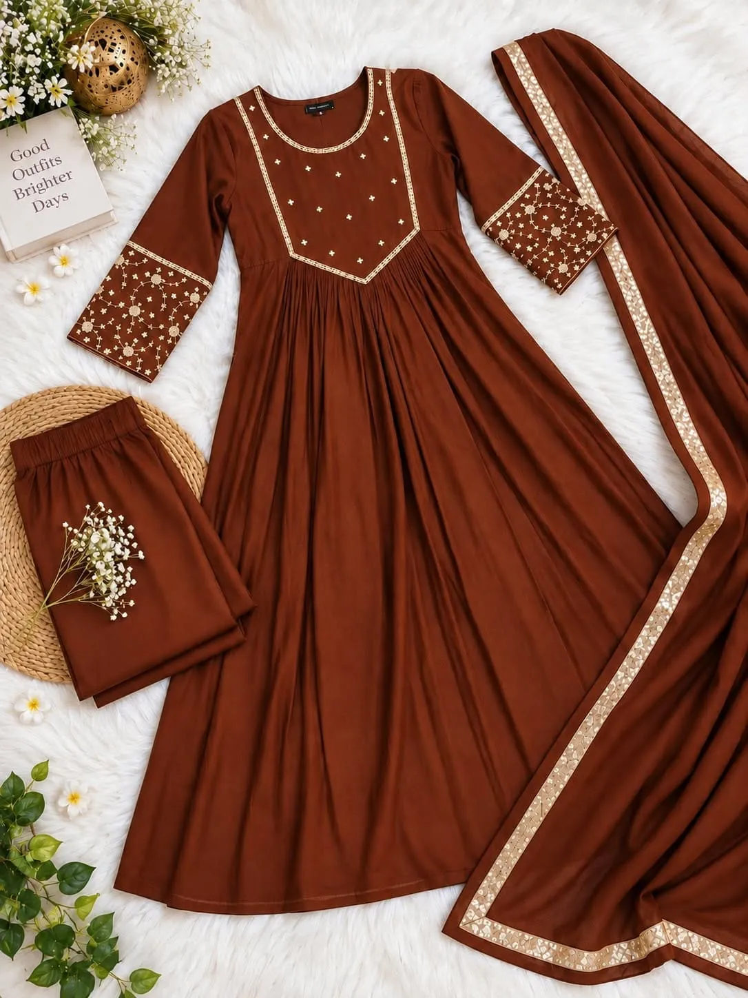 Mul Chanderi Hand Embroidered Anarkali Suit Set with Dupatta | Festive Flared Kurta Pant Set for Women