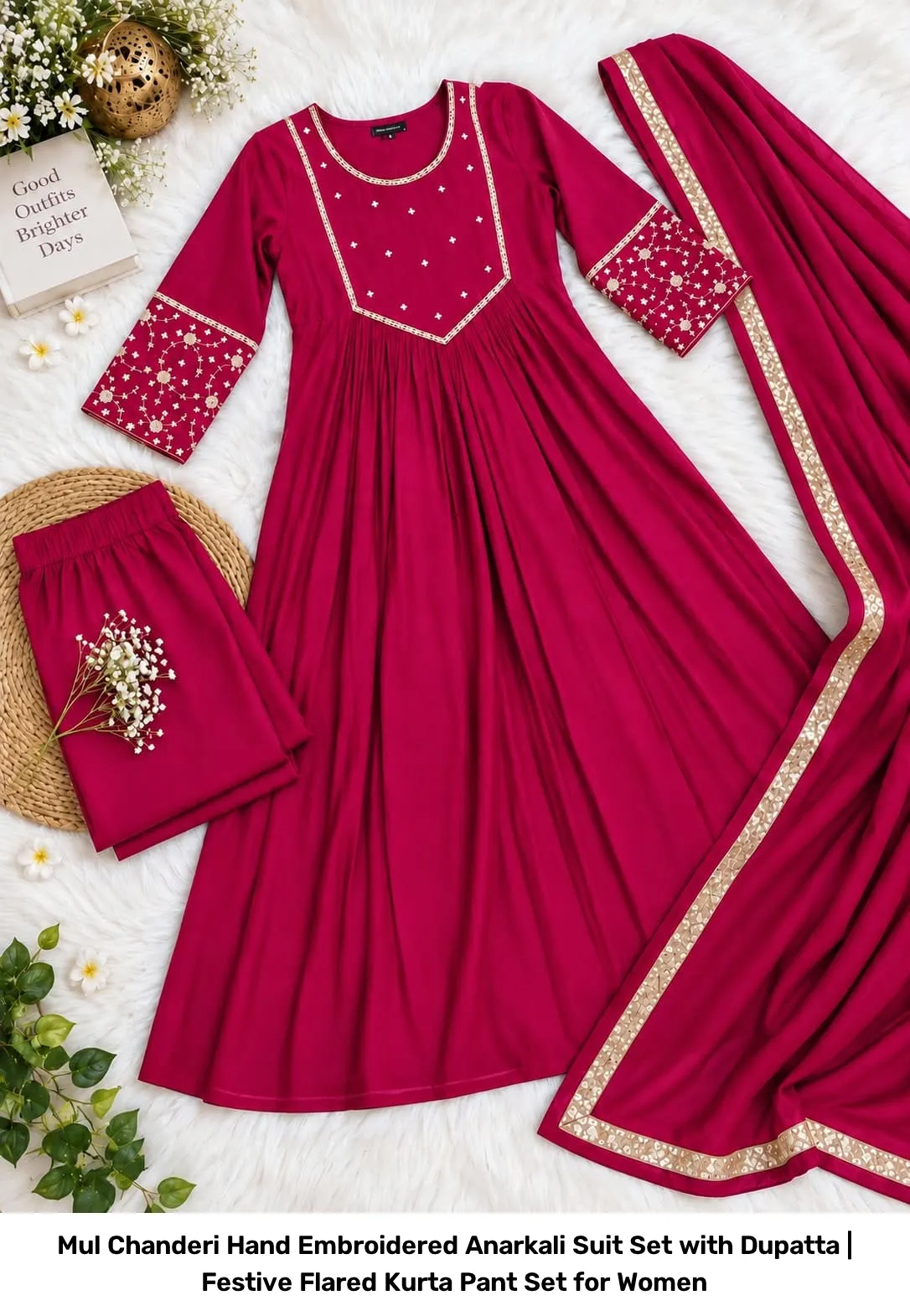 Mul Chanderi Hand Embroidered Anarkali Suit Set with Dupatta | Festive Flared Kurta Pant Set for Women 2