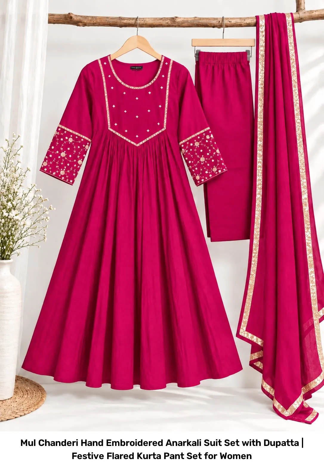 Mul Chanderi Hand Embroidered Anarkali Suit Set with Dupatta | Festive Flared Kurta Pant Set for Women 3