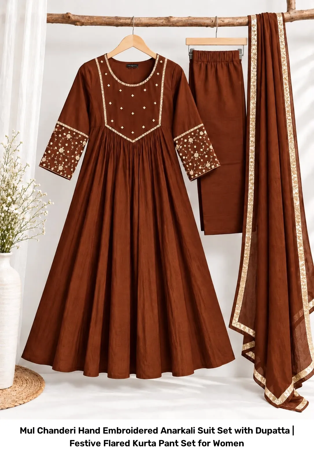 Mul Chanderi Hand Embroidered Anarkali Suit Set with Dupatta | Festive Flared Kurta Pant Set for Women 4