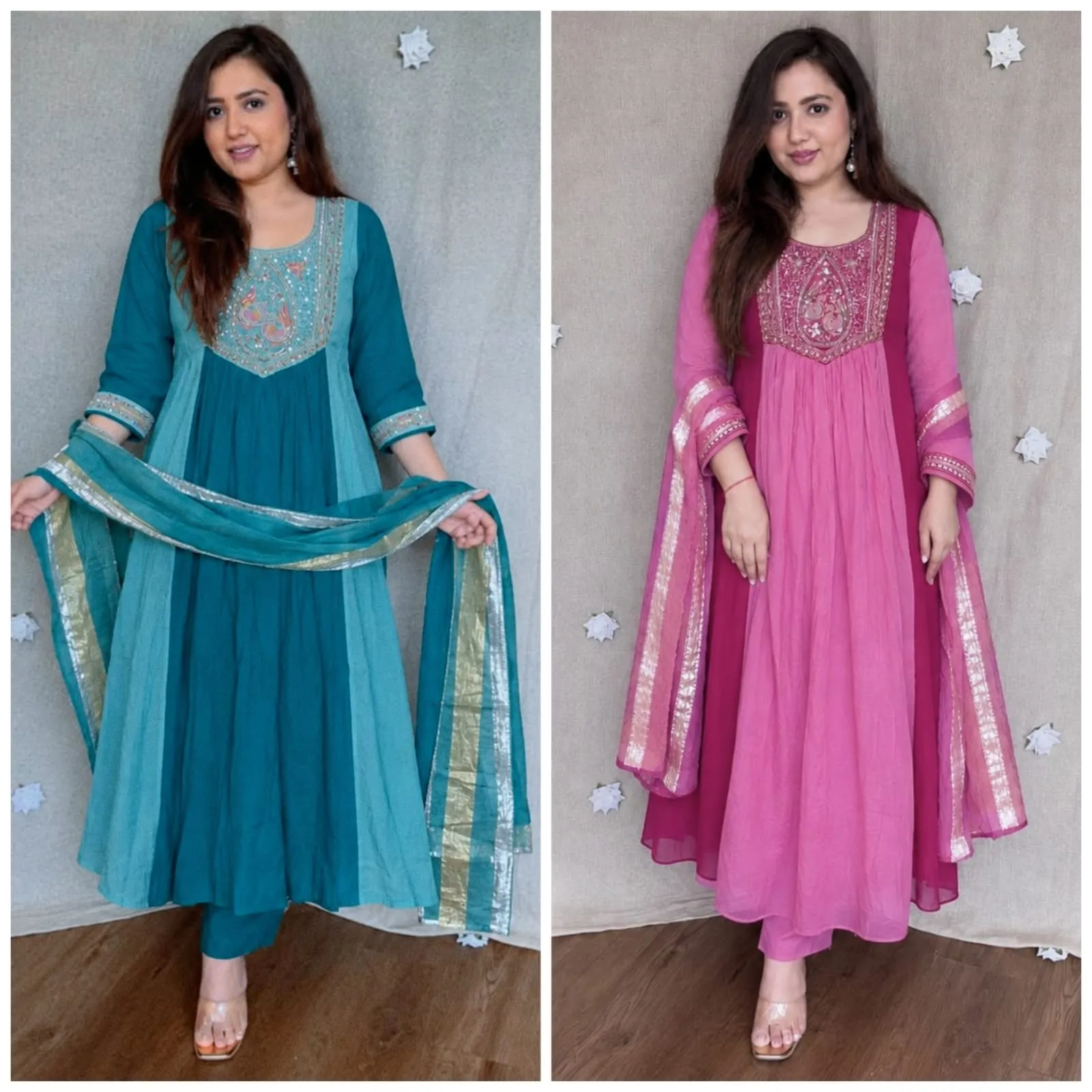 Mul Chanderi Handwork Anarkali Suit Set with Zari Dupatta | Dual Tone Flared Kurti Pant Set for Women