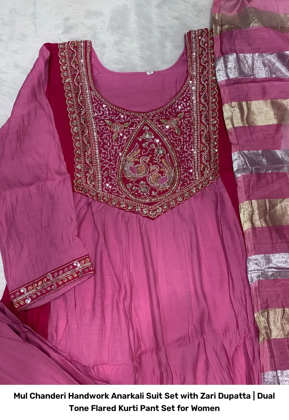 Mul Chanderi Handwork Anarkali Suit Set with Zari Dupatta | Dual Tone Flared Kurti Pant Set for Women 10