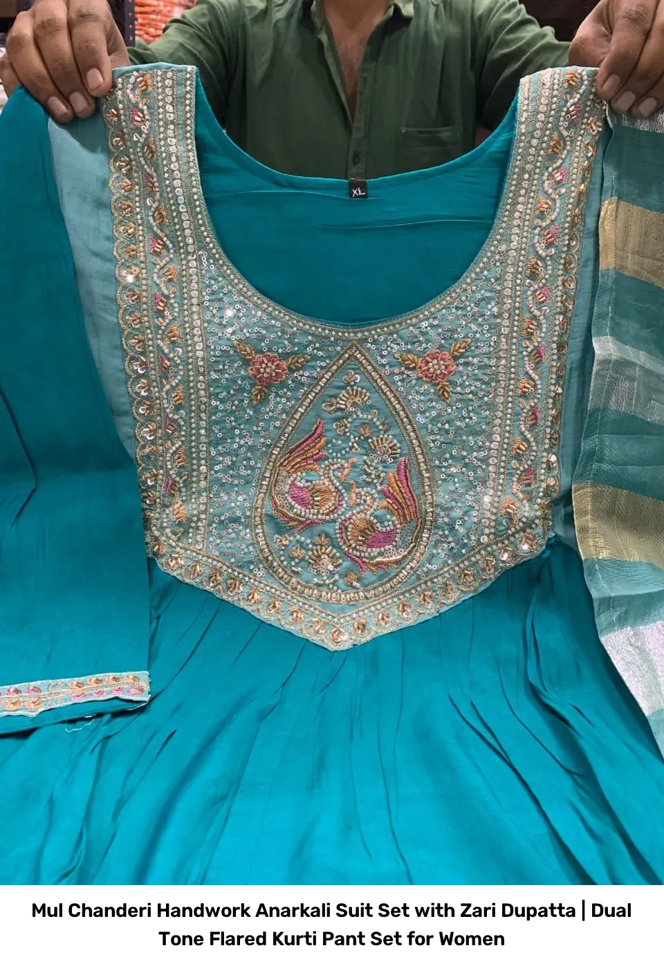 Mul Chanderi Handwork Anarkali Suit Set with Zari Dupatta | Dual Tone Flared Kurti Pant Set for Women 12