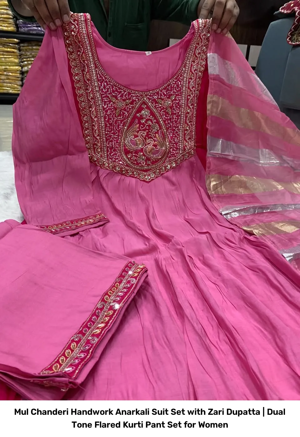 Mul Chanderi Handwork Anarkali Suit Set with Zari Dupatta | Dual Tone Flared Kurti Pant Set for Women 13