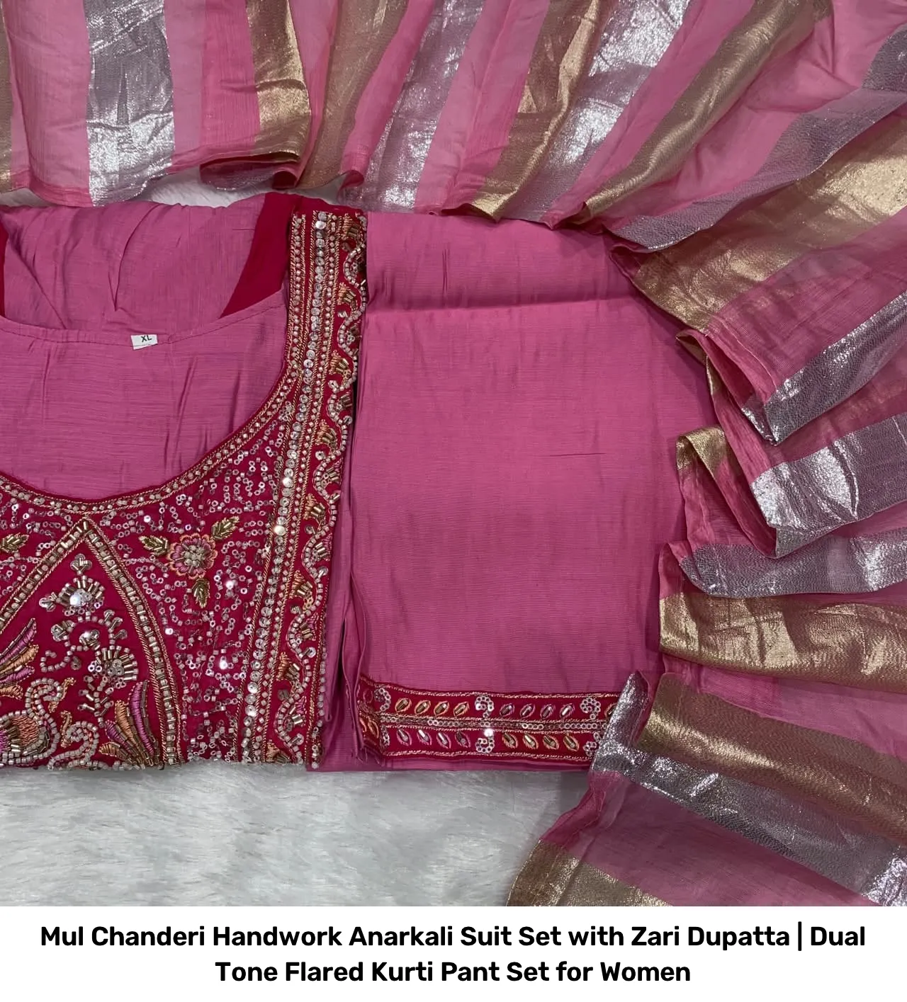 Mul Chanderi Handwork Anarkali Suit Set with Zari Dupatta | Dual Tone Flared Kurti Pant Set for Women 14