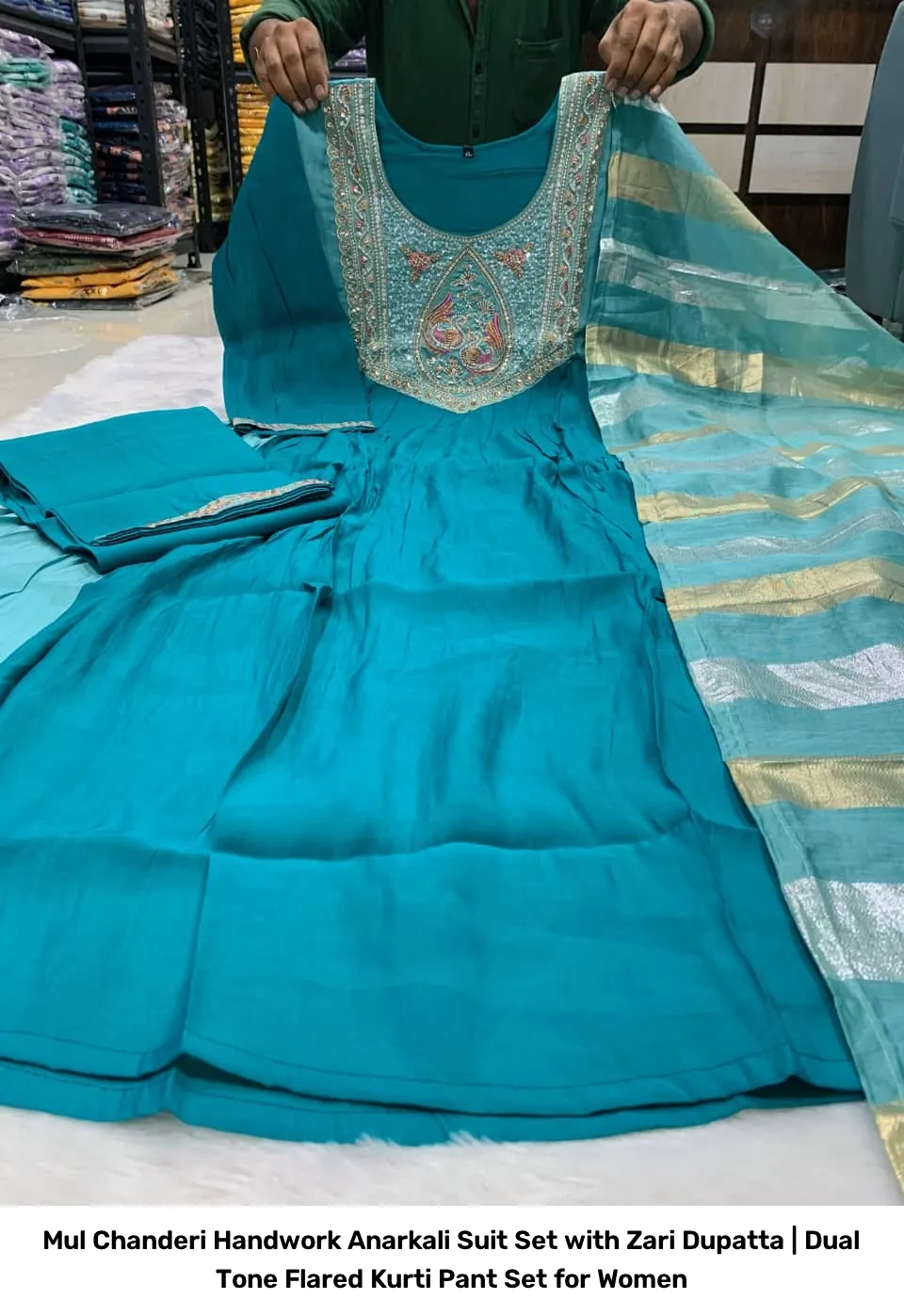 Mul Chanderi Handwork Anarkali Suit Set with Zari Dupatta | Dual Tone Flared Kurti Pant Set for Women 15