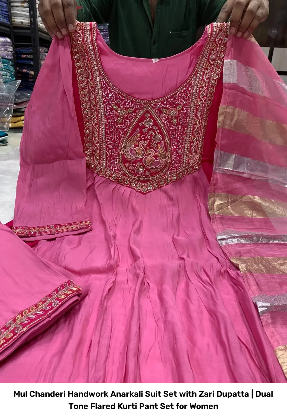 Mul Chanderi Handwork Anarkali Suit Set with Zari Dupatta | Dual Tone Flared Kurti Pant Set for Women 16
