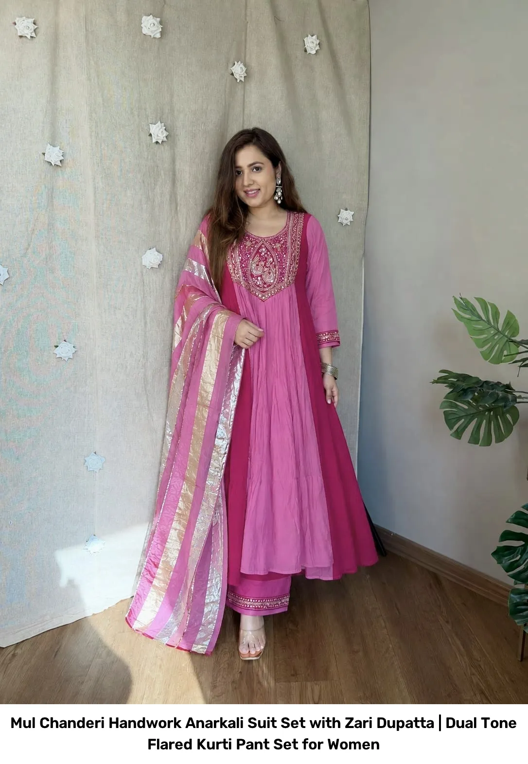 Mul Chanderi Handwork Anarkali Suit Set with Zari Dupatta | Dual Tone Flared Kurti Pant Set for Women 17