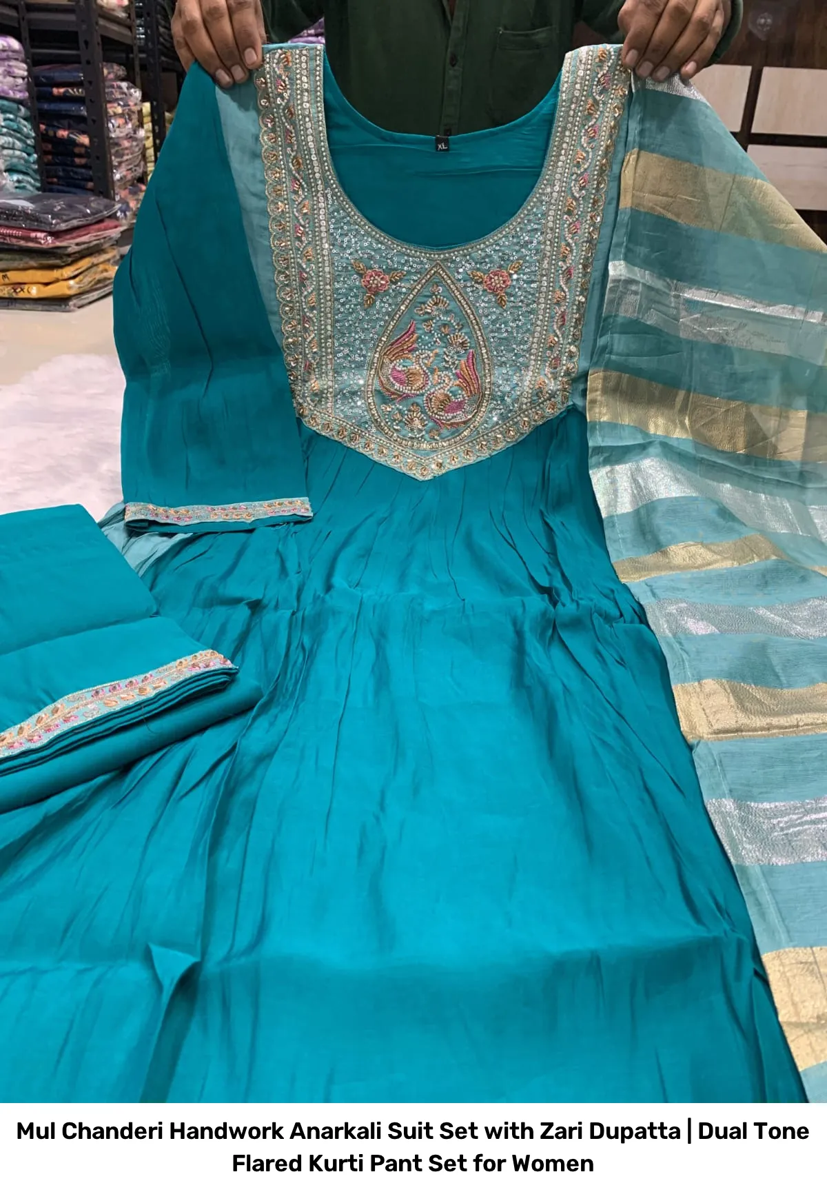 Mul Chanderi Handwork Anarkali Suit Set with Zari Dupatta | Dual Tone Flared Kurti Pant Set for Women 19