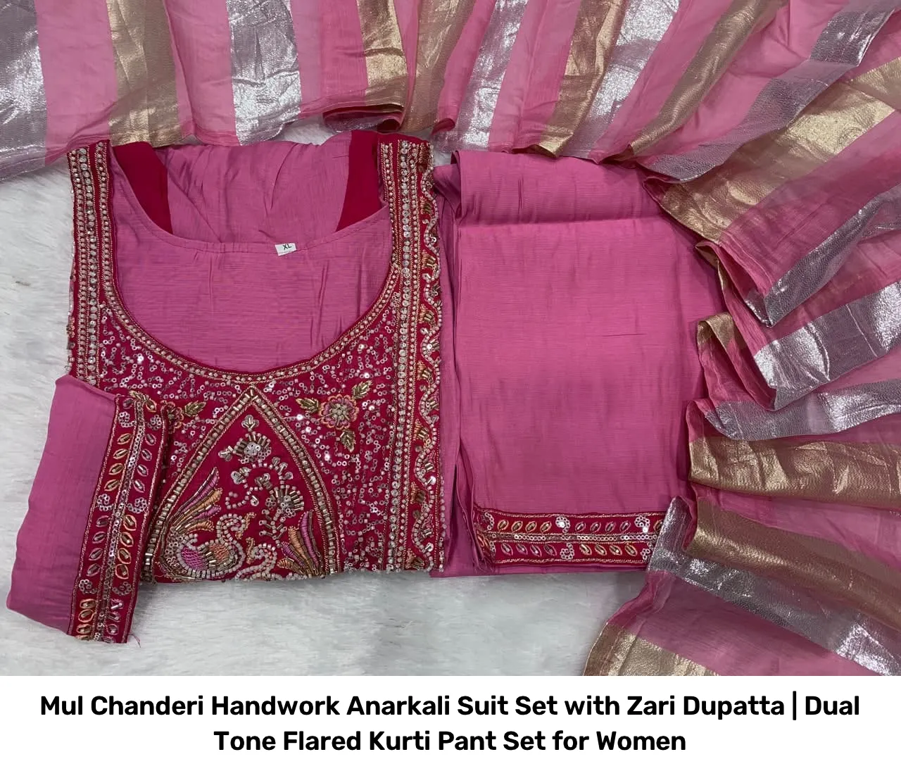 Mul Chanderi Handwork Anarkali Suit Set with Zari Dupatta | Dual Tone Flared Kurti Pant Set for Women 2