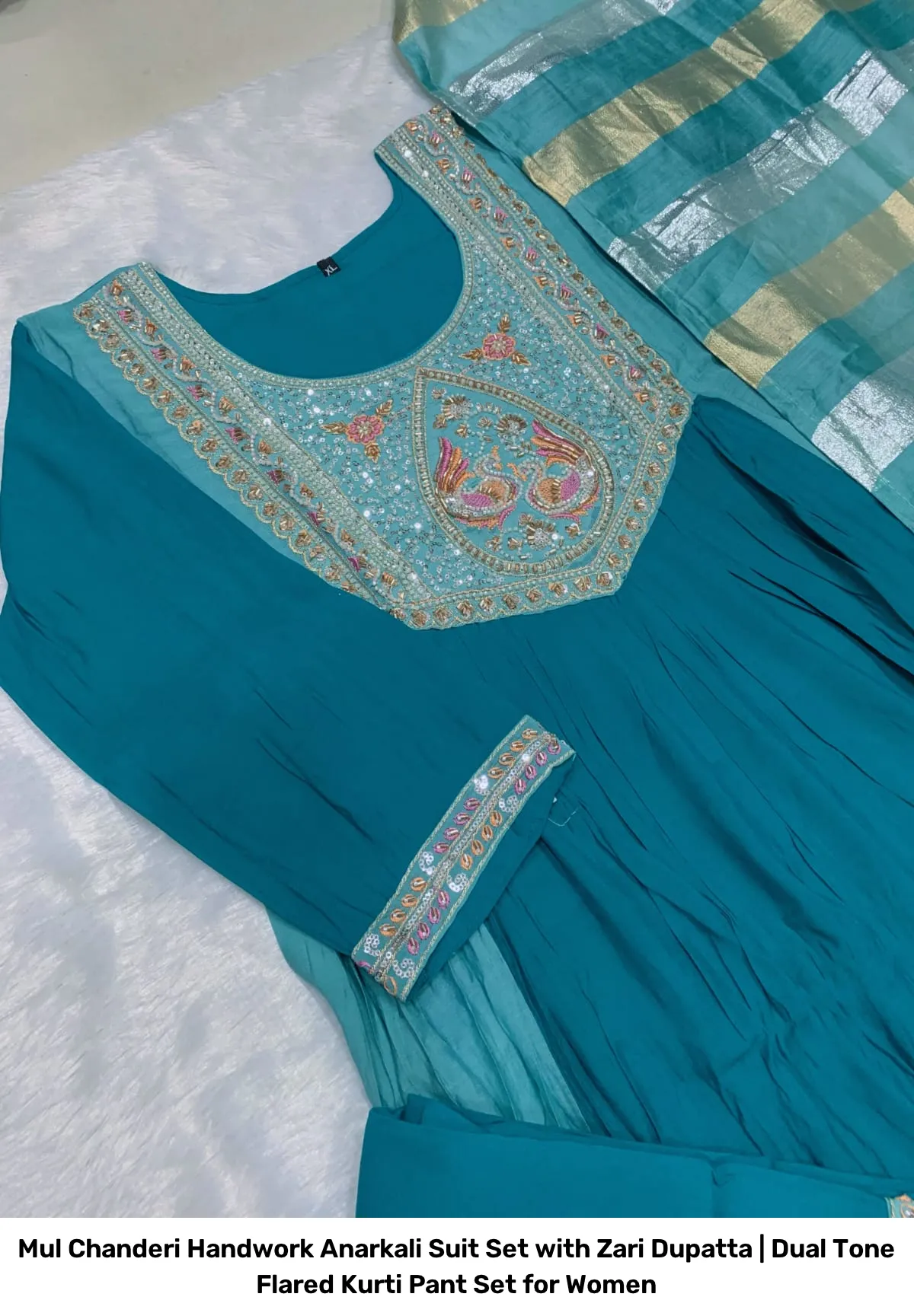 Mul Chanderi Handwork Anarkali Suit Set with Zari Dupatta | Dual Tone Flared Kurti Pant Set for Women 3