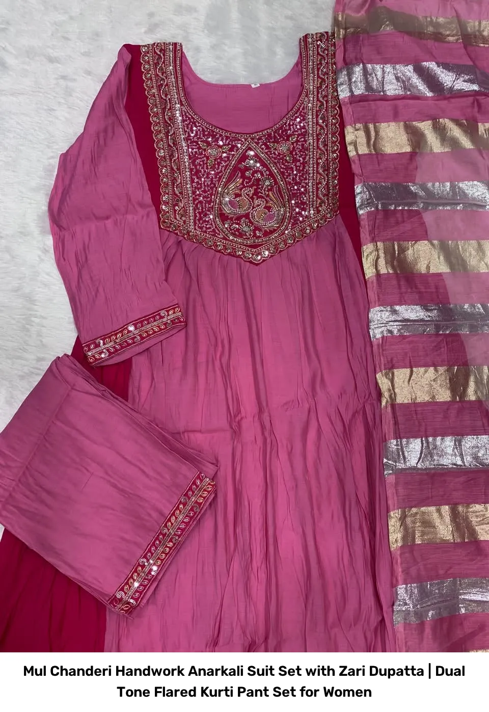 Mul Chanderi Handwork Anarkali Suit Set with Zari Dupatta | Dual Tone Flared Kurti Pant Set for Women 4