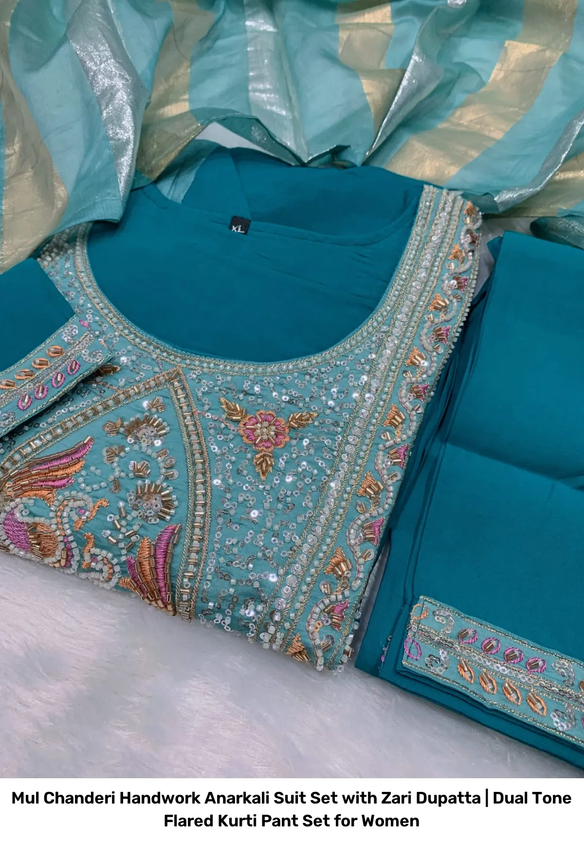 Mul Chanderi Handwork Anarkali Suit Set with Zari Dupatta | Dual Tone Flared Kurti Pant Set for Women 5