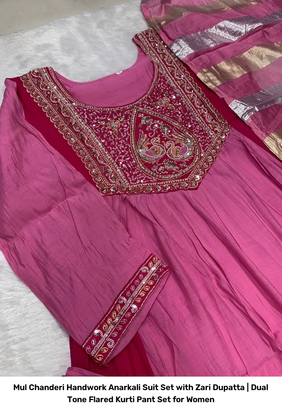 Mul Chanderi Handwork Anarkali Suit Set with Zari Dupatta | Dual Tone Flared Kurti Pant Set for Women 6
