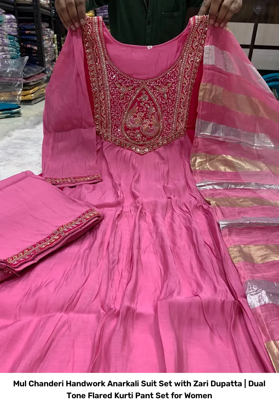 Mul Chanderi Handwork Anarkali Suit Set with Zari Dupatta | Dual Tone Flared Kurti Pant Set for Women 7