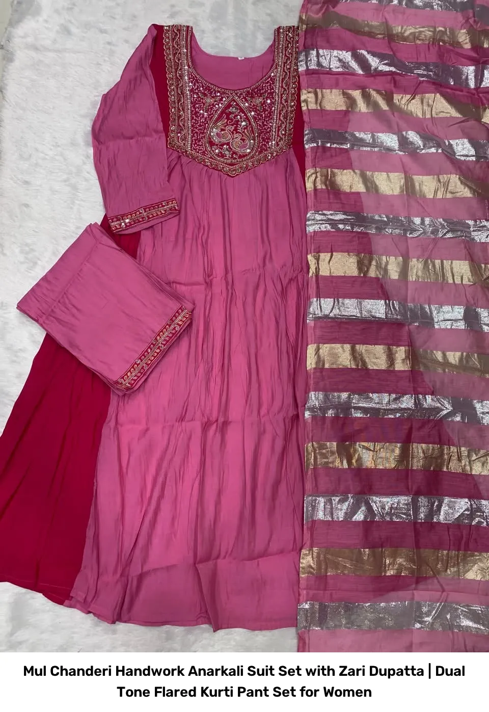 Mul Chanderi Handwork Anarkali Suit Set with Zari Dupatta | Dual Tone Flared Kurti Pant Set for Women 8