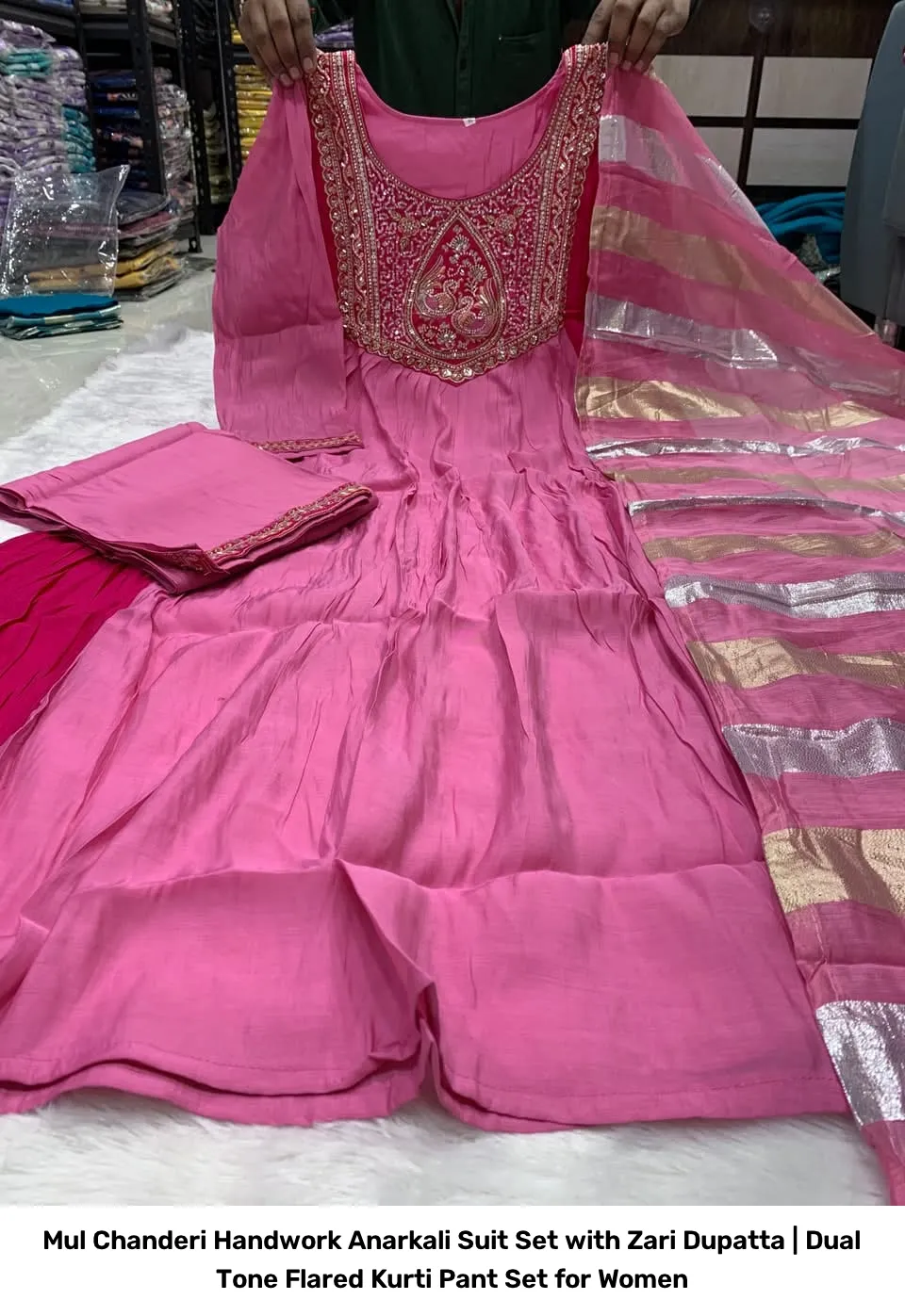 Mul Chanderi Handwork Anarkali Suit Set with Zari Dupatta | Dual Tone Flared Kurti Pant Set for Women 9