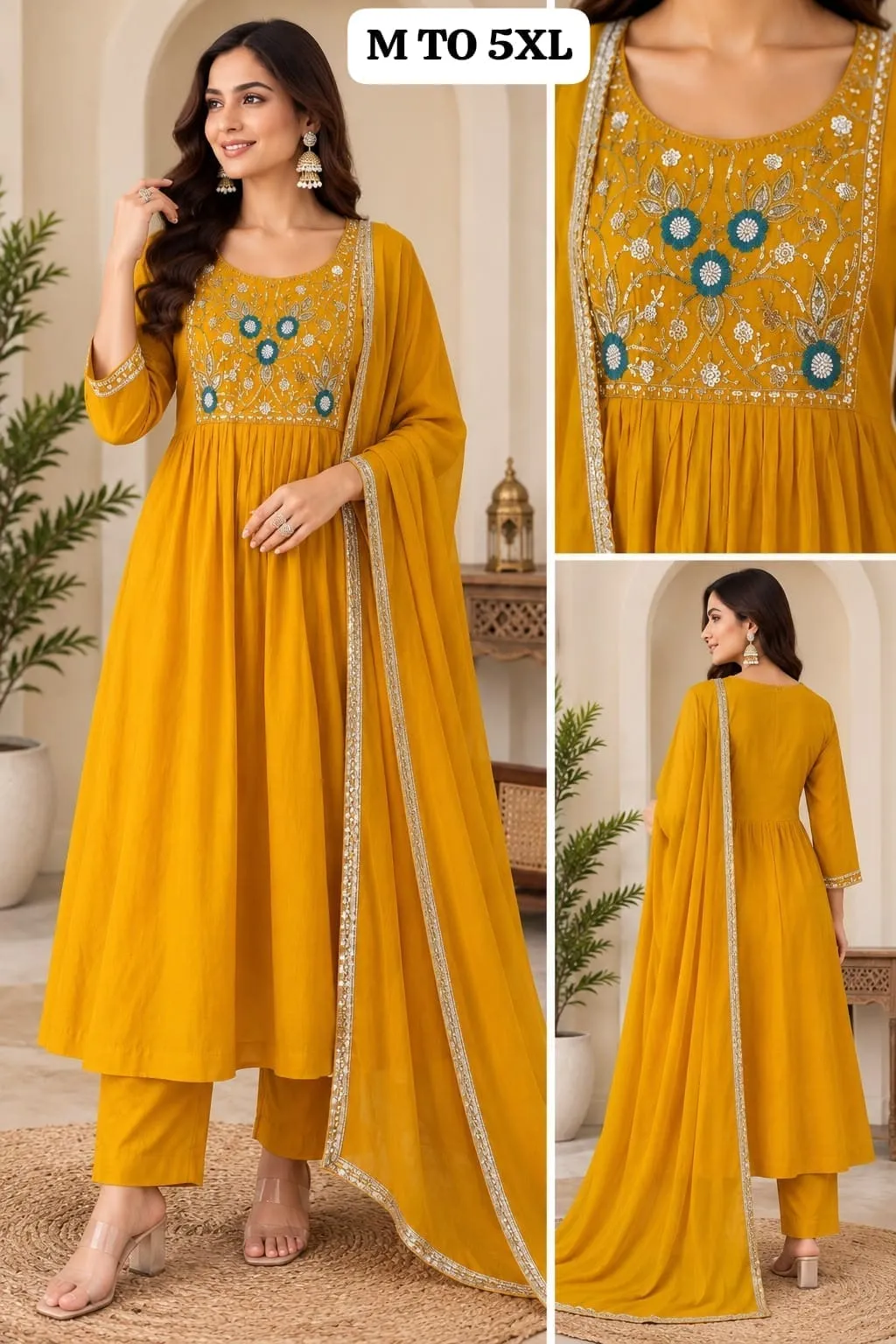 Mul Chanderi Silk Anarkali Suit Set with Cutwork Embroidered Dupatta & Pants