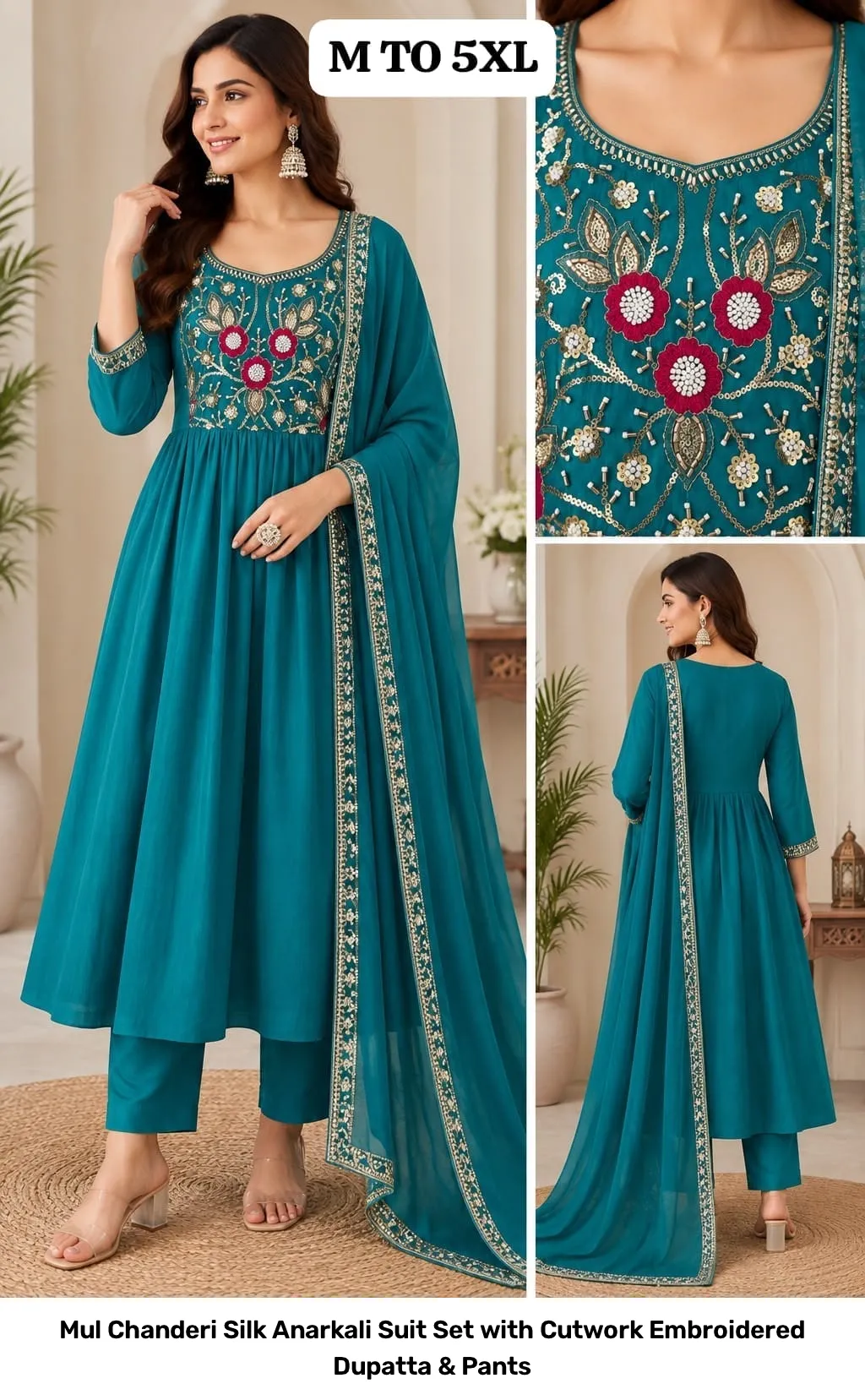 Mul Chanderi Silk Anarkali Suit Set with Cutwork Embroidered Dupatta & Pants 2