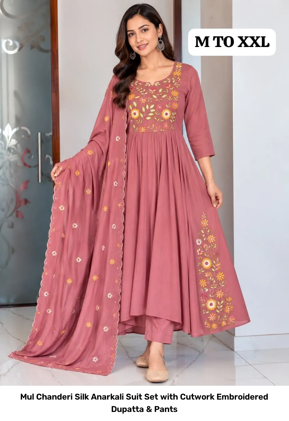 Mul Chanderi Silk Anarkali Suit Set with Cutwork Embroidered Dupatta & Pants 3