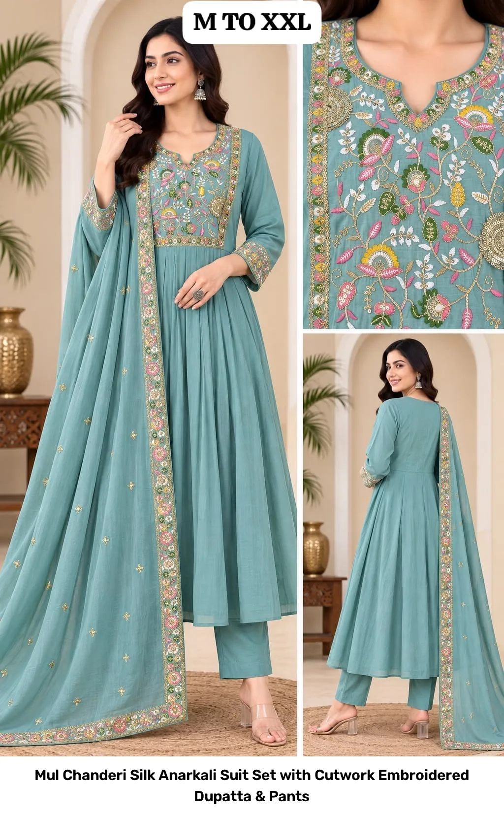 Mul Chanderi Silk Anarkali Suit Set with Cutwork Embroidered Dupatta & Pants 4