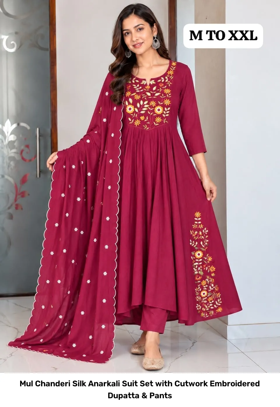Mul Chanderi Silk Anarkali Suit Set with Cutwork Embroidered Dupatta & Pants 5