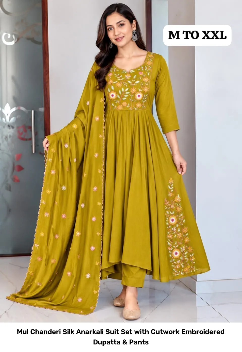 Mul Chanderi Silk Anarkali Suit Set with Cutwork Embroidered Dupatta & Pants 6