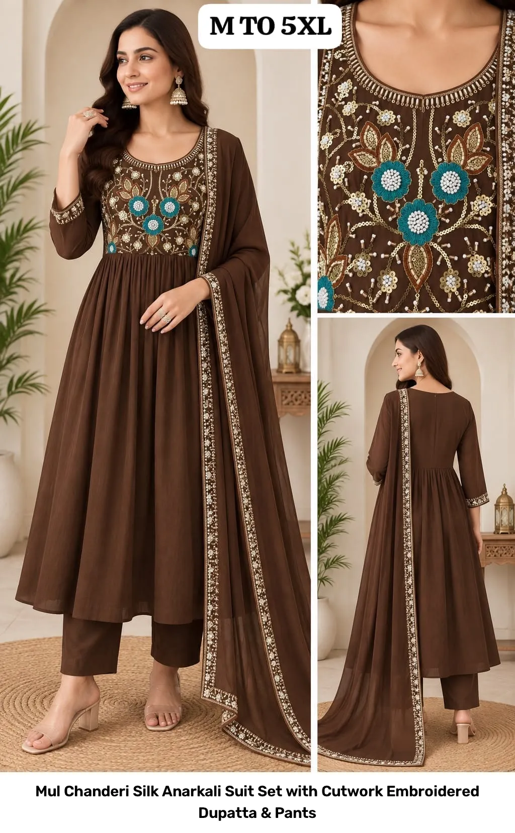 Mul Chanderi Silk Anarkali Suit Set with Cutwork Embroidered Dupatta & Pants 7