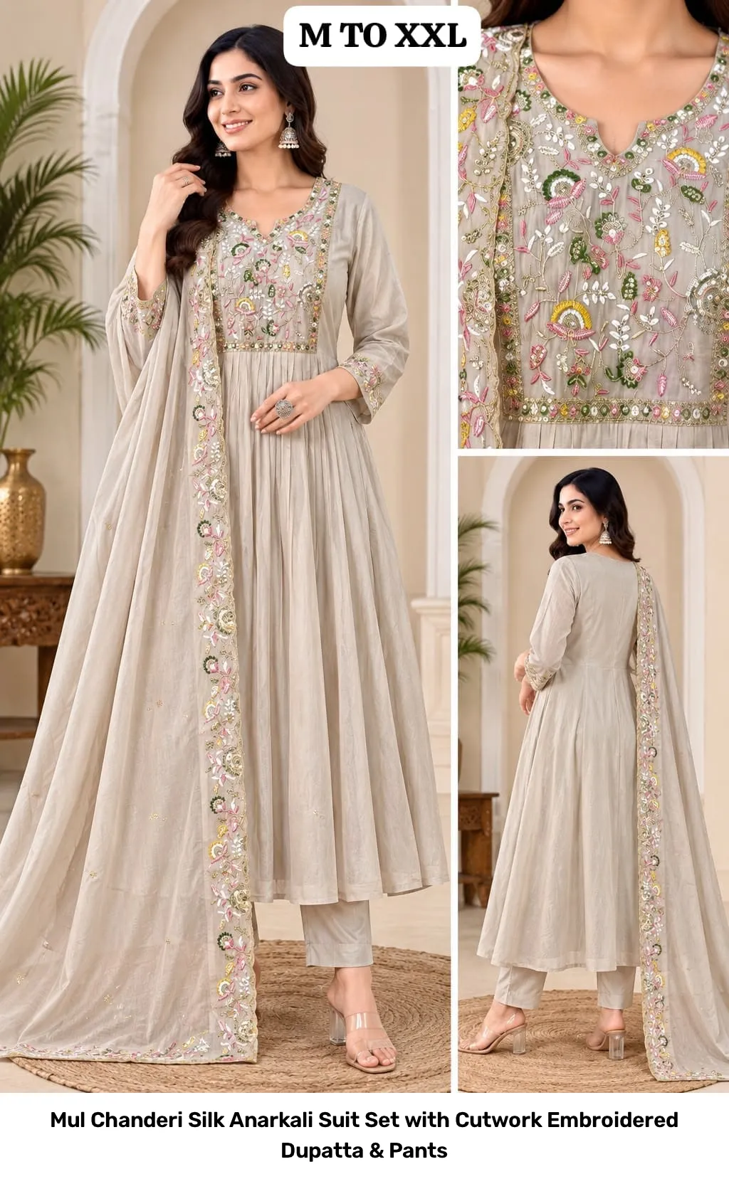 Mul Chanderi Silk Anarkali Suit Set with Cutwork Embroidered Dupatta & Pants 8