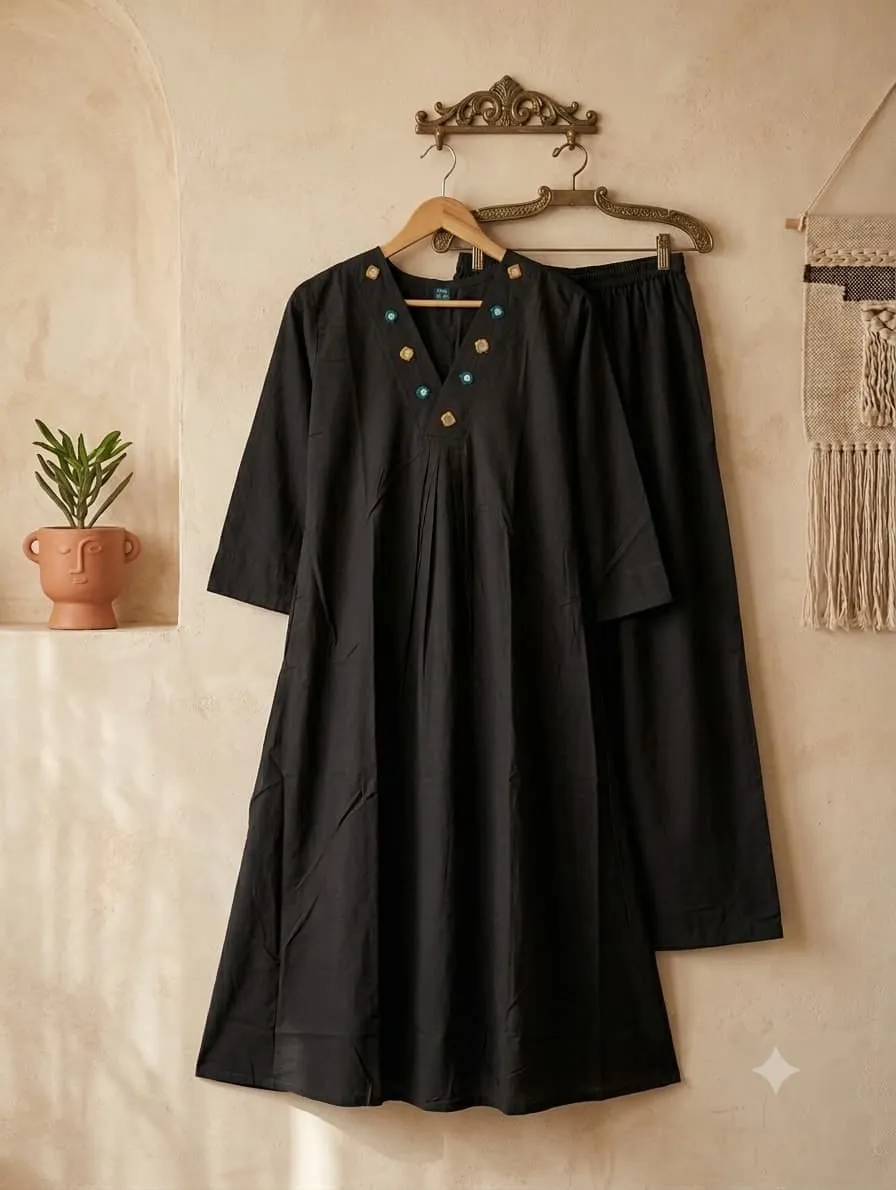 Mul Cotton V-Neck Pleated Kurti with Pants Set | Hand Mirror Work Co-ord Suit (Sizes M to 6XL)