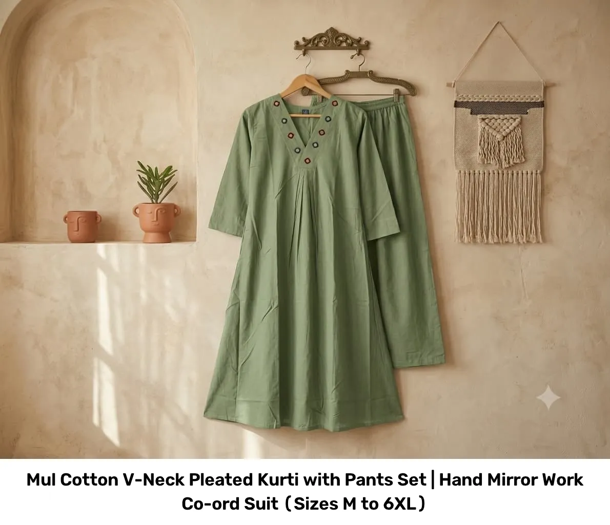 Mul Cotton V-Neck Pleated Kurti with Pants Set | Hand Mirror Work Co-ord Suit (Sizes M to 6XL) 2