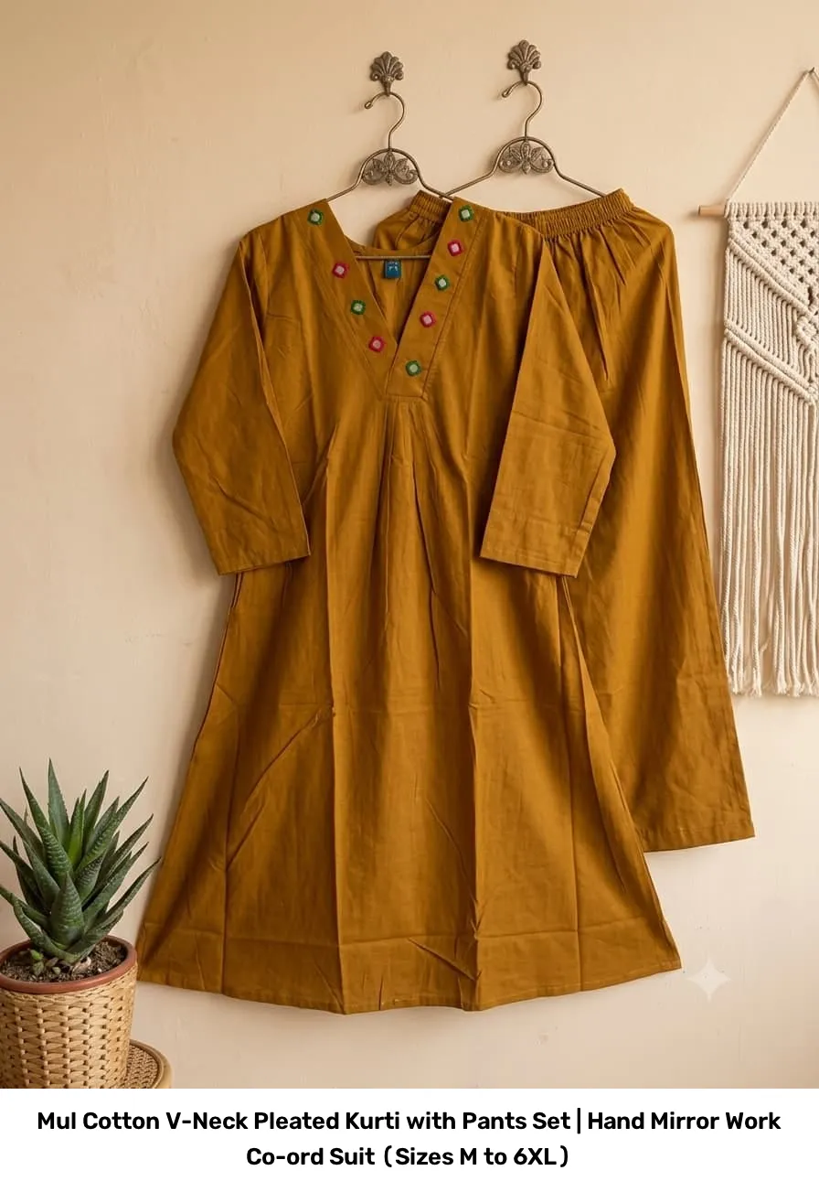 Mul Cotton V-Neck Pleated Kurti with Pants Set | Hand Mirror Work Co-ord Suit (Sizes M to 6XL) 3