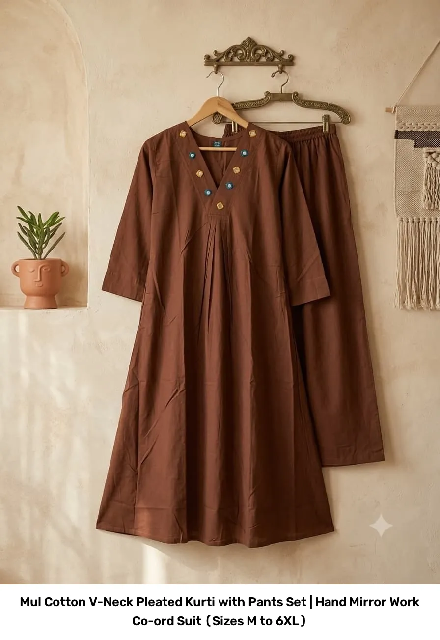 Mul Cotton V-Neck Pleated Kurti with Pants Set | Hand Mirror Work Co-ord Suit (Sizes M to 6XL) 5
