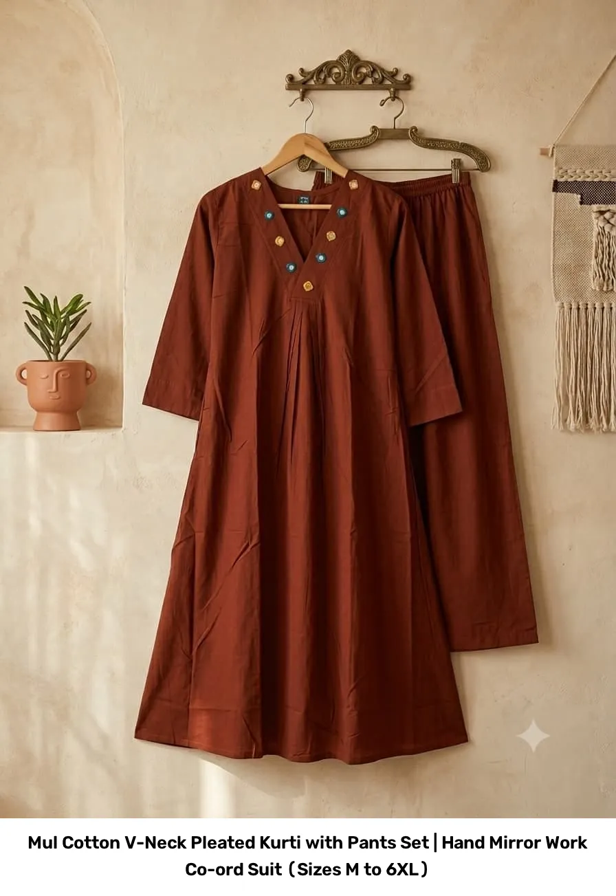Mul Cotton V-Neck Pleated Kurti with Pants Set | Hand Mirror Work Co-ord Suit (Sizes M to 6XL) 7