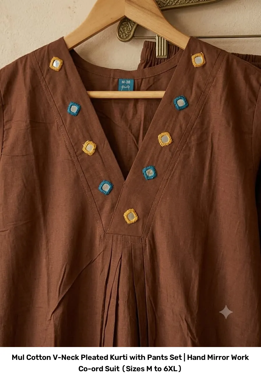 Mul Cotton V-Neck Pleated Kurti with Pants Set | Hand Mirror Work Co-ord Suit (Sizes M to 6XL) 9