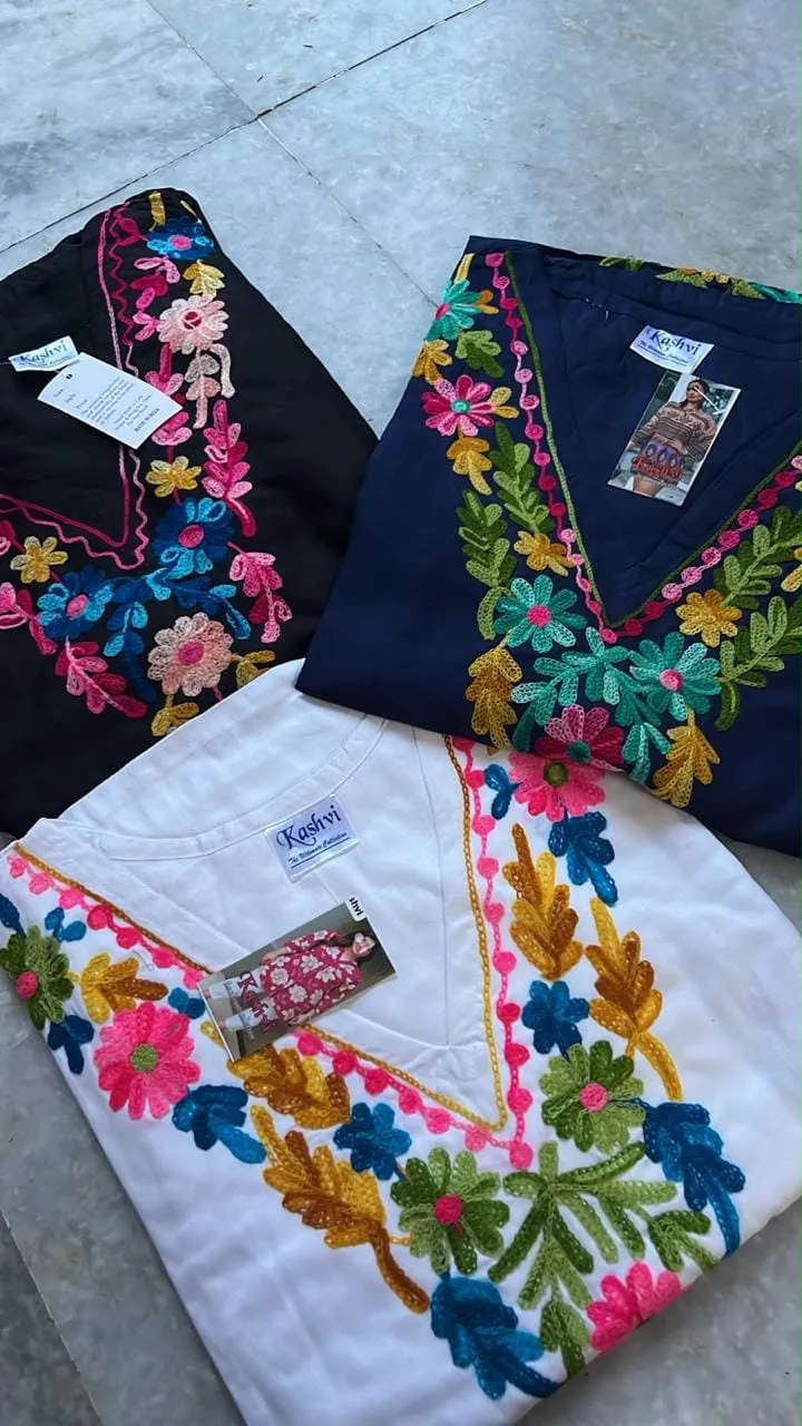 Multicolor Kashmiri Floral Embroidered Rayon Kaftan Kurti Dress | Free Size (Up to 56" Bust)