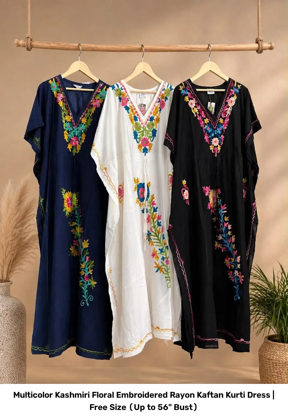 Multicolor Kashmiri Floral Embroidered Rayon Kaftan Kurti Dress | Free Size (Up to 56" Bust) 2