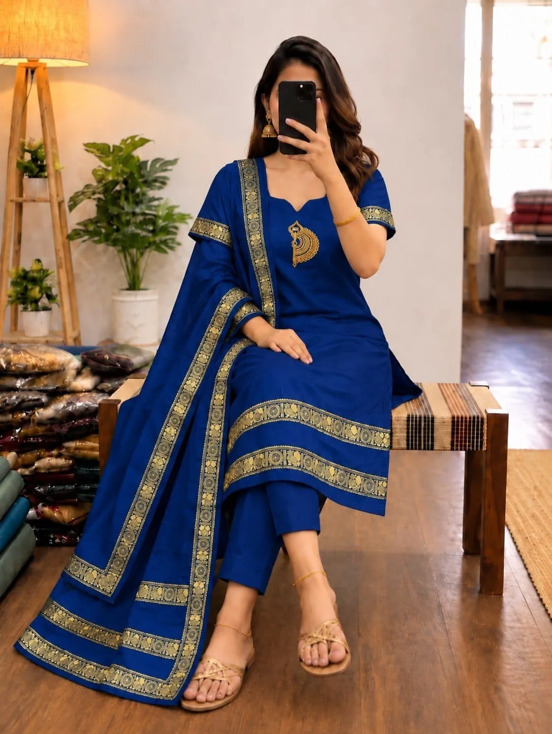Murugan Vel Embroidered Chettinad Cotton Kurti Set with Dupatta | Festive Ethnic Suit for Women