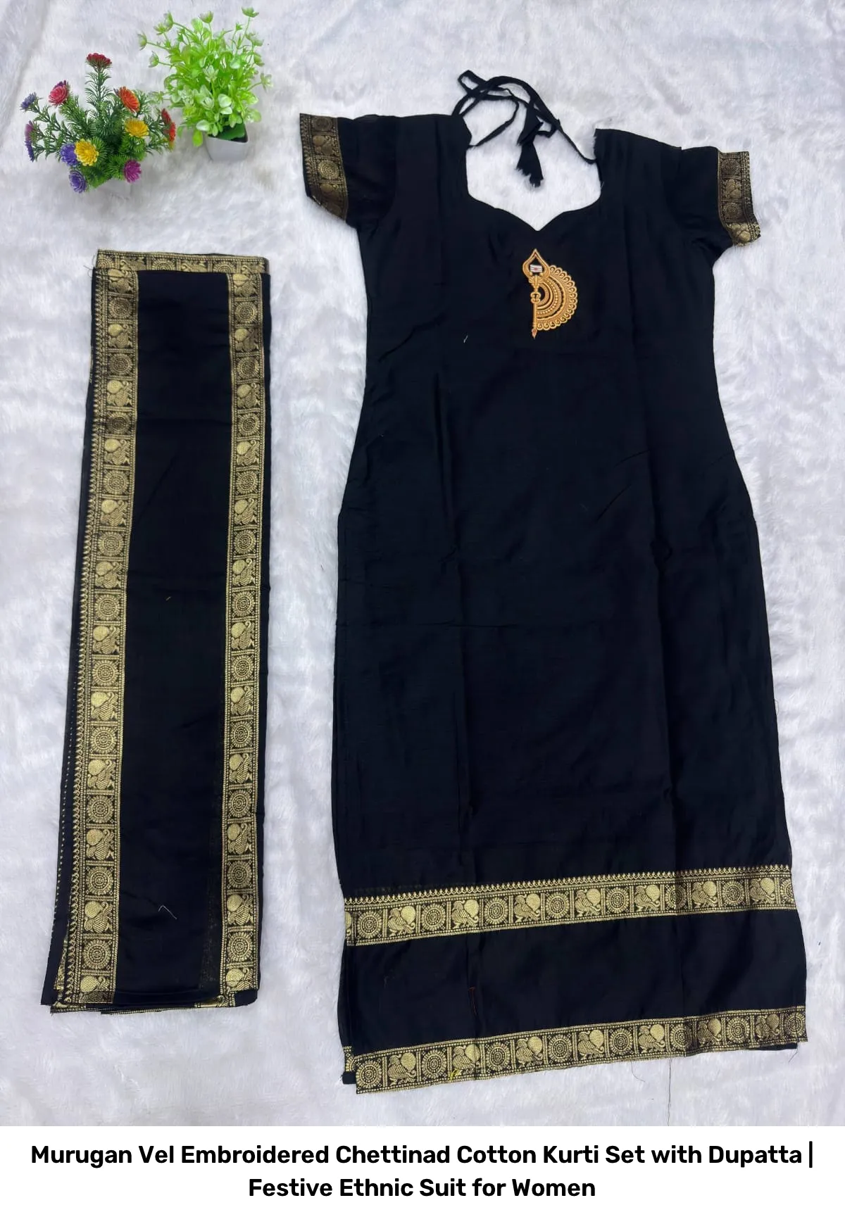 Murugan Vel Embroidered Chettinad Cotton Kurti Set with Dupatta | Festive Ethnic Suit for Women 10