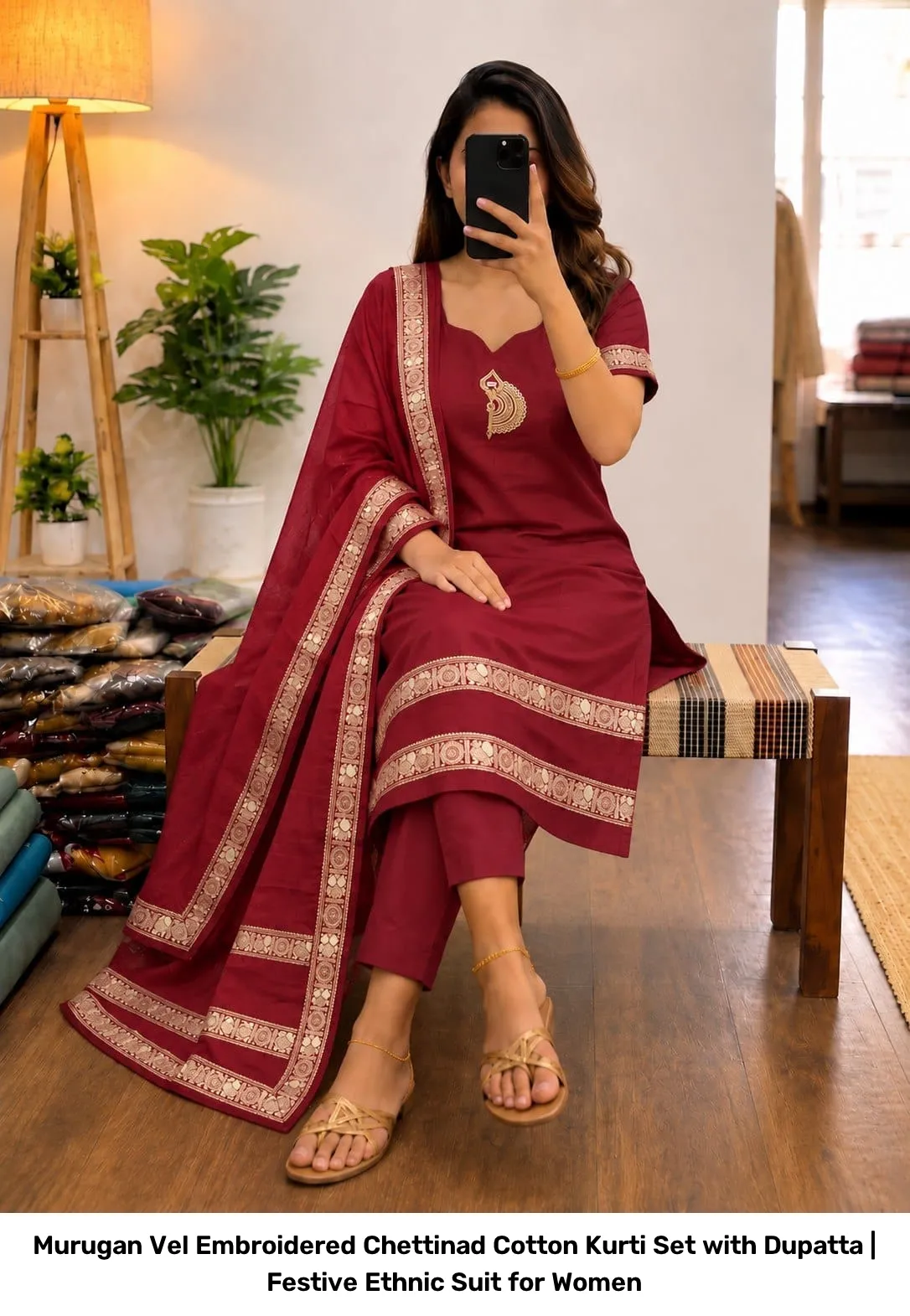 Murugan Vel Embroidered Chettinad Cotton Kurti Set with Dupatta | Festive Ethnic Suit for Women 11